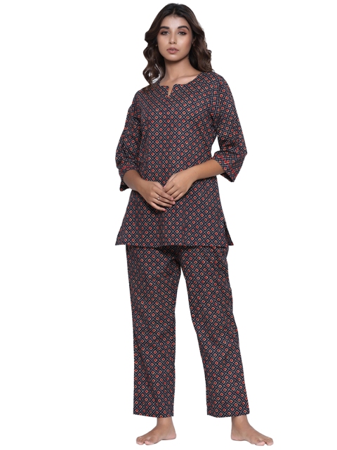 

JISORA Women Blue & Red Printed Night suit