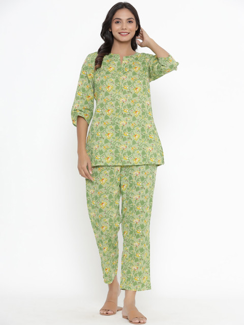 

JISORA Women Green & White Printed Night suit
