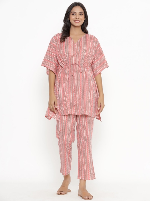 

JISORA Women Pink & White Printed Night suit