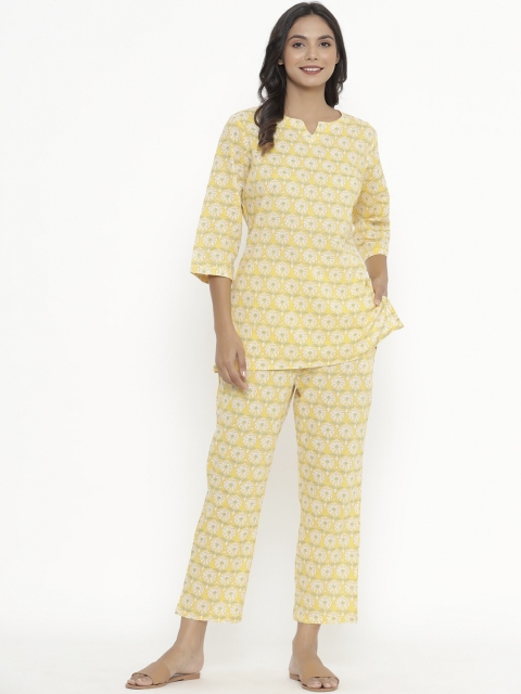 

JISORA Women Yellow & White Printed Night suit