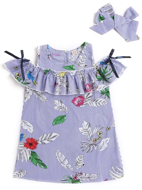 

Hopscotch Blue & White Floral Printed Cotton A-Line Dress With Hairband