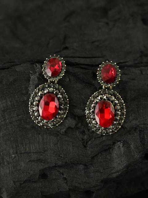 

justpeachy Red Stone Studded Oval Drop Earrings