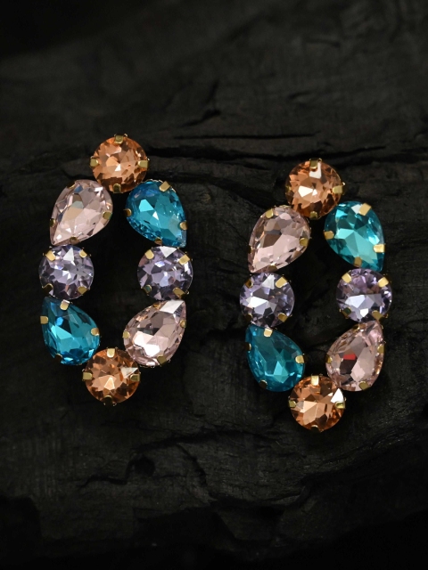 

justpeachy Multicoloured Stone Studded Oval Drop Earrings, Multi