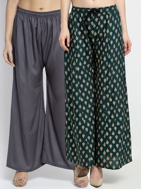 

GRACIT Women Grey & Green Set Of 2 Printed Flared Knitted Palazzos