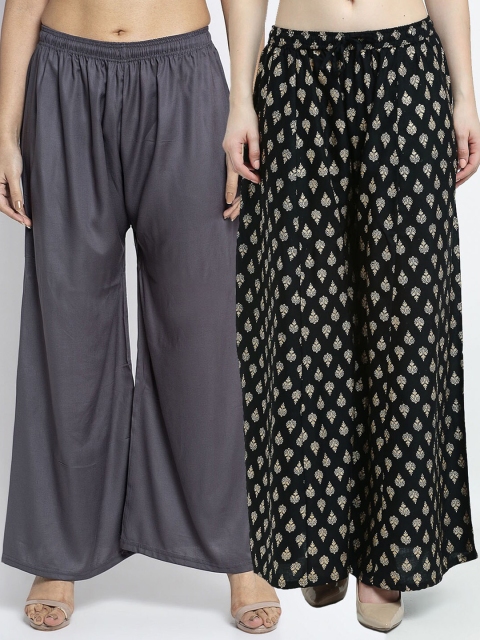 

GRACIT Women Pack of 2 Grey & Black Printed Flared Knitted Ethnic Palazzos