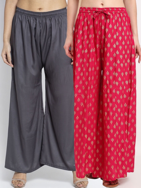 

GRACIT Women Grey & Pink Set Of 2 Printed Flared Knitted Palazzos