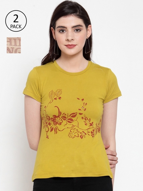 

armure Pack Of 2 Beige & Mustard Yellow Printed Regular Top