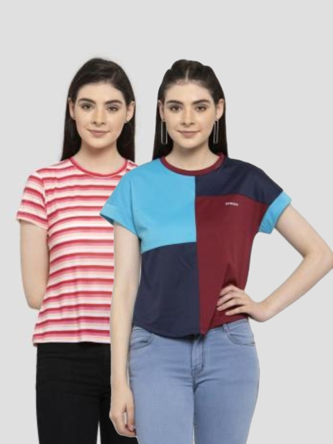 

armure Women Pack Of 2 Pink & Blue Striped Regular Top