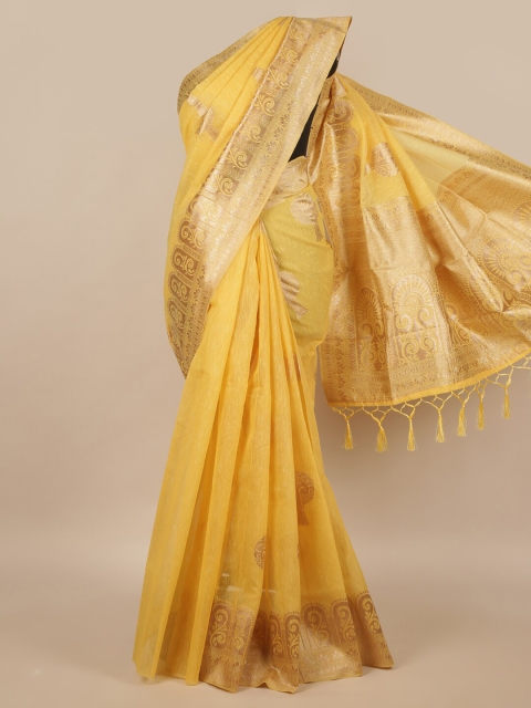 

Pothys Yellow & Gold-Toned Ethnic Motifs Cotton Blend Zari Saree