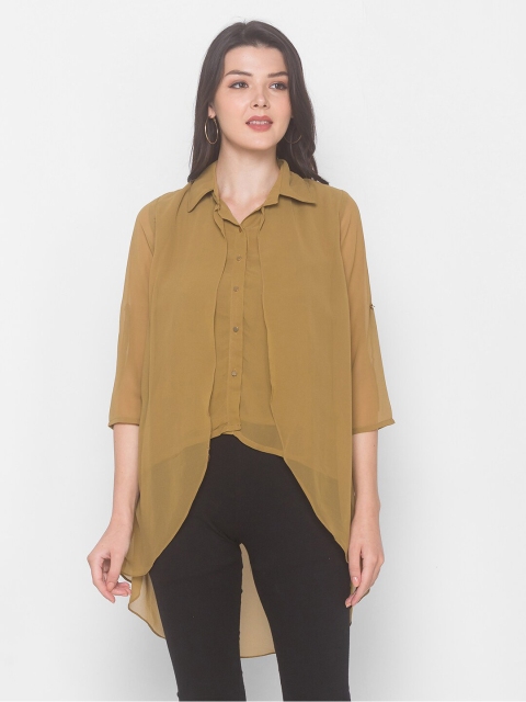 

Iti Camel Brown Georgette Shirt Style Asymmetrical Longline Top