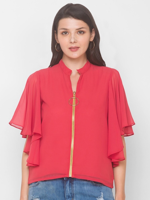

Iti Coral Mandarin Collar Ruffles Georgette Regular Zipper Top