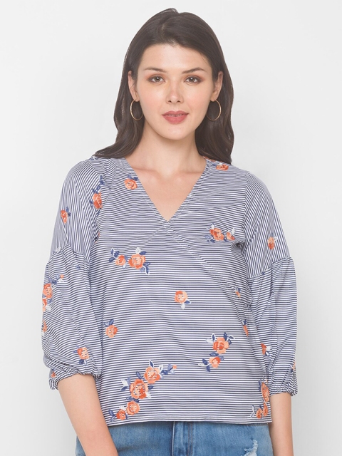 

Iti Black Floral Striped Mandarin Collar Wrap Top