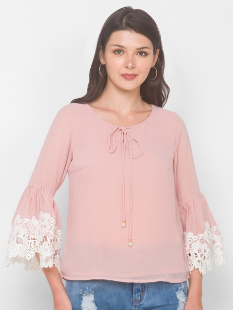 

Iti Women Pink Tie-Up Neck Georgette Regular Top