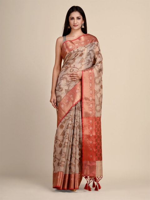 

Laa Calcutta Beige & Maroon Woven Design Silk Cotton Tant Jamdani Saree