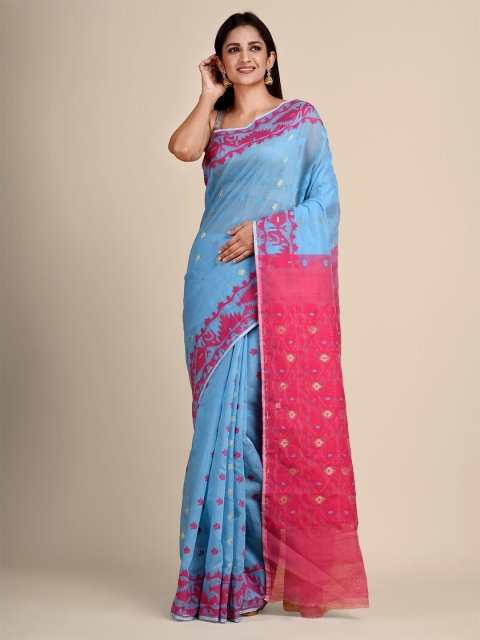 

Laa Calcutta Blue & Magenta Woven Design Silk Cotton Jamdani Saree