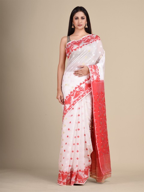 

Laa Calcutta White & Red Silk Cotton Jamdani Saree