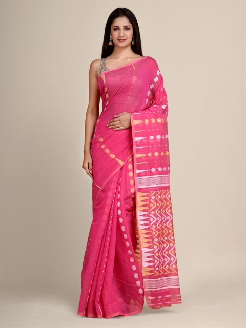 

Laa Calcutta Pink & Gold-Toned Silk Cotton Jamdani Saree