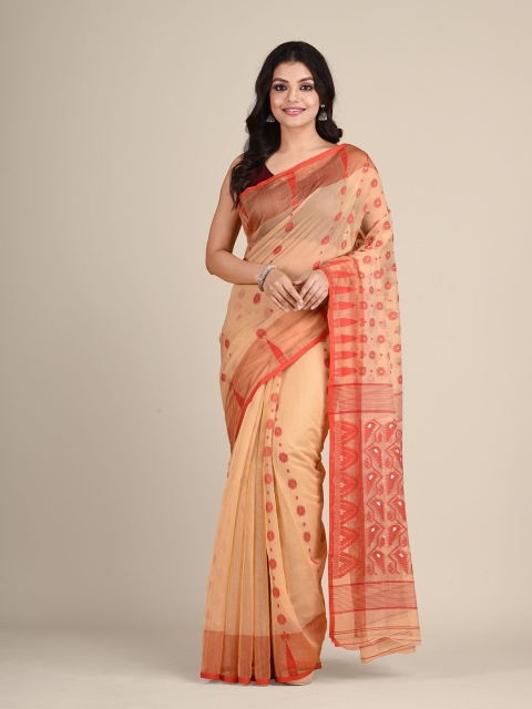 

Laa Calcutta Beige & Red Woven Design Silk Cotton Jamdani Saree