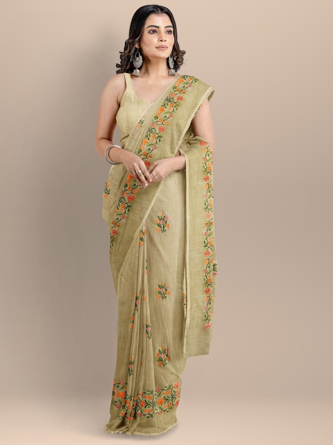 

BharatSthali Beige & Orange Floral Embroidered Silk Cotton Maheshwari Saree
