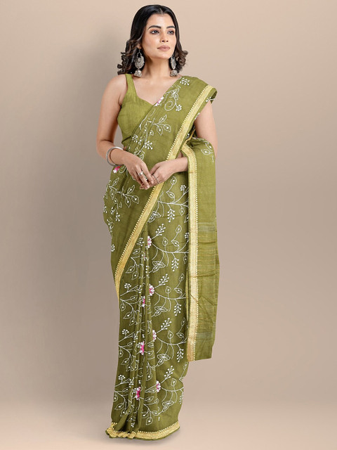 

BharatSthali Green & Pink Floral Silk Cotton Maheshwari Saree