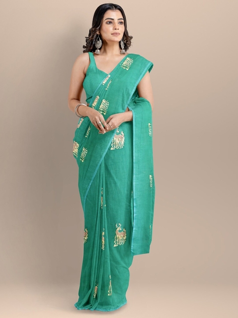 

BharatSthali Green & Beige Silk Cotton Maheshwari Saree
