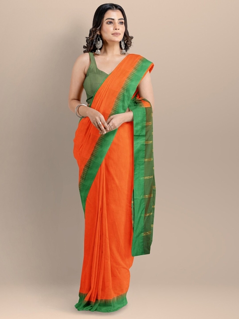 

BharatSthali Orange & Green Silk Cotton Maheshwari Saree