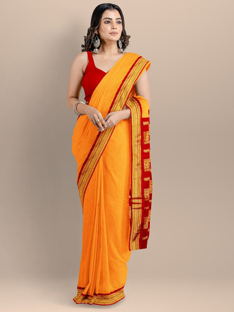 

BharatSthali Orange & Red Zari Silk Cotton Maheshwari Saree