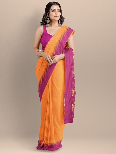 

BharatSthali Orange & Pink Silk Cotton Maheshwari Saree