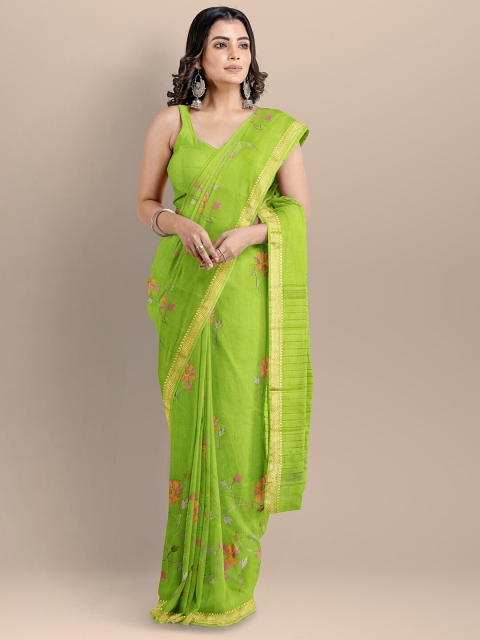 

BharatSthali Green & Pink Floral Embroidered Silk Cotton Maheshwari Saree