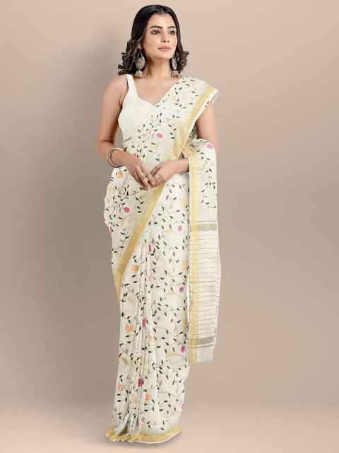 

BharatSthali Off White & Green Floral Silk Cotton Maheshwari Saree