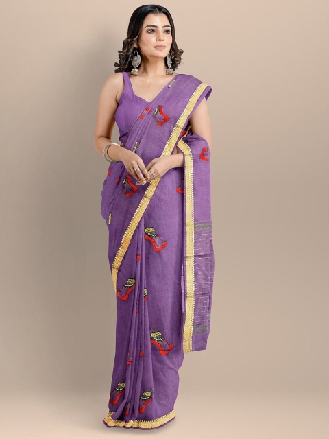

BharatSthali Purple & Red Embroidered Silk Cotton Maheshwari Saree