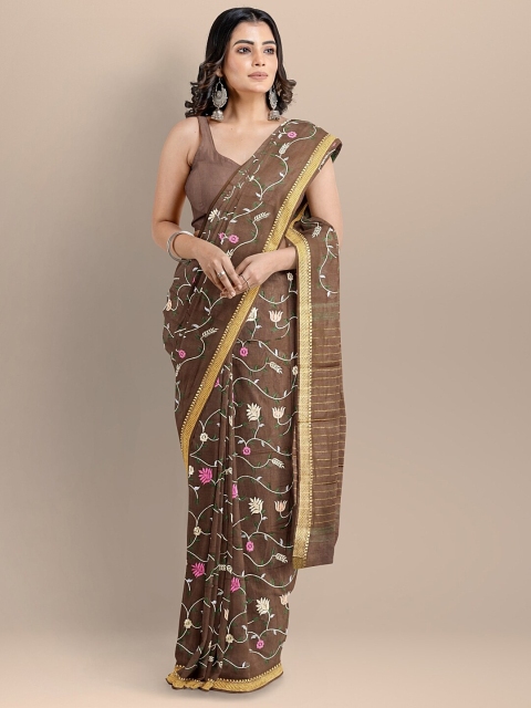 

BharatSthali Brown & Pink Floral Zari Silk Cotton Maheshwari Saree