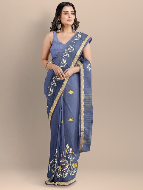 

BharatSthali Blue & Yellow Floral Embroidered Silk Cotton Maheshwari Saree