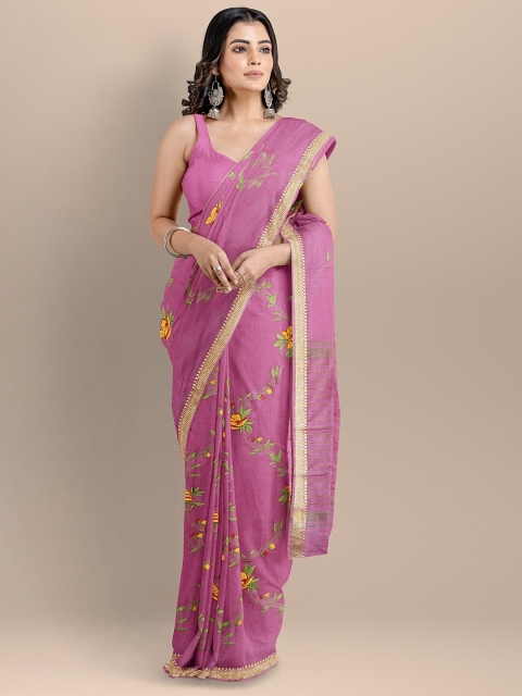 

BharatSthali Pink & Green Floral Silk Cotton Maheshwari Saree