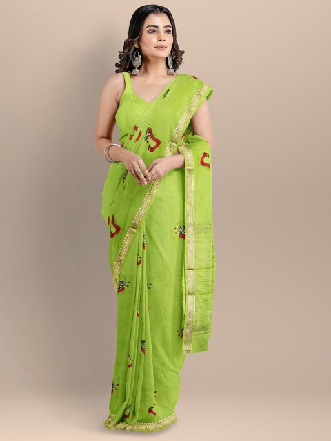 

BharatSthali Green & Red Ethnic Motifs Silk Cotton Maheshwari Saree