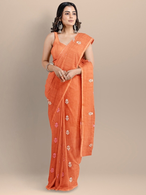 

BharatSthali Orange & White Woven Design Embroidered Silk Cotton Maheshwari Saree