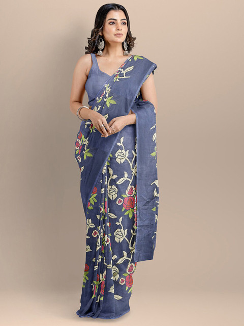 

BharatSthali Blue & Red Floral Silk Cotton Maheshwari Saree