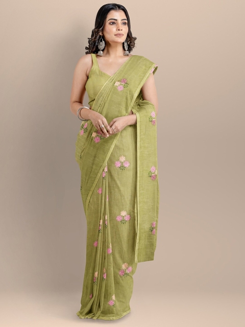 

BharatSthali Green & Pink Floral Embroidered Silk Cotton Maheshwari Saree