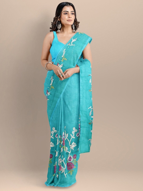 

BharatSthali Blue & Pink Embroidered Silk Cotton Maheshwari Saree