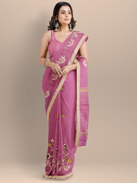 

BharatSthali Pink & Beige Floral Zari Silk Cotton Maheshwari Saree