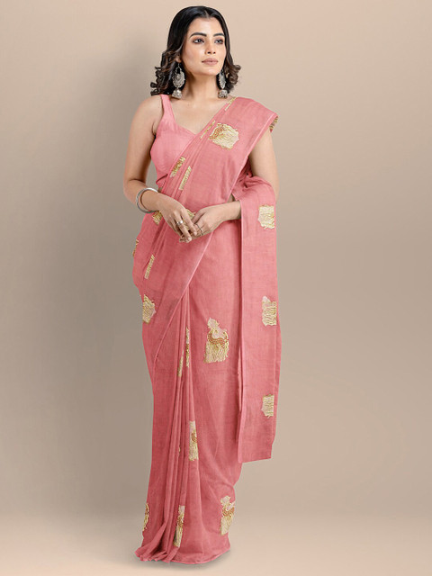 

BharatSthali Pink & Green Woven Design Silk Cotton Maheshwari Saree