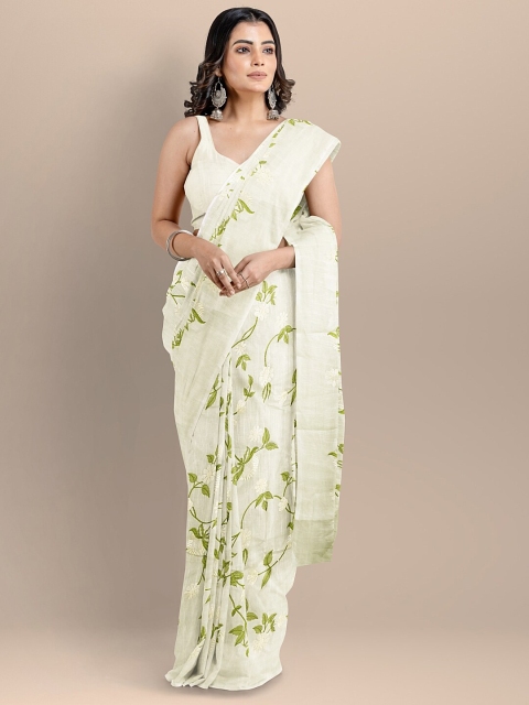 

BharatSthali White & Green Floral Silk Cotton Maheshwari Saree