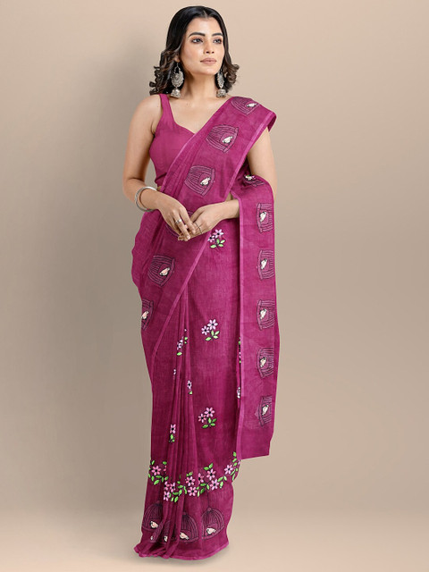 

BharatSthali Magenta & Green Woven Design Embroidered Silk Cotton Maheshwari Saree