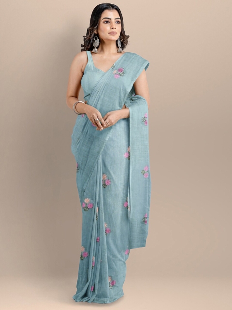 

BharatSthali Blue & Pink Floral Silk Cotton Maheshwari Saree