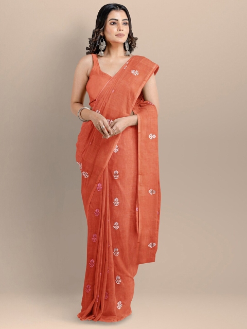 

BharatSthali Orange & White Floral Silk Cotton Maheshwari Saree