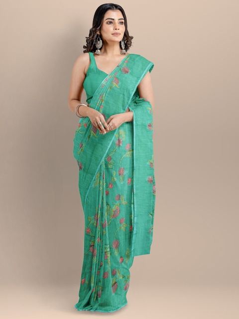 

BharatSthali Green & Pink Floral Silk Cotton Maheshwari Saree