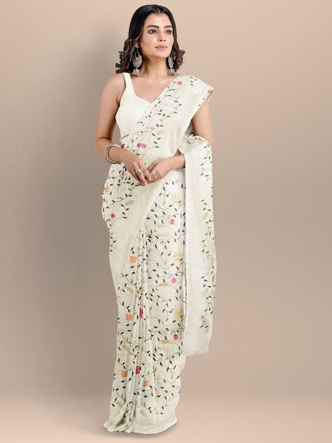 

BharatSthali Cream-Coloured & Pink Floral Silk Cotton Maheshwari Saree