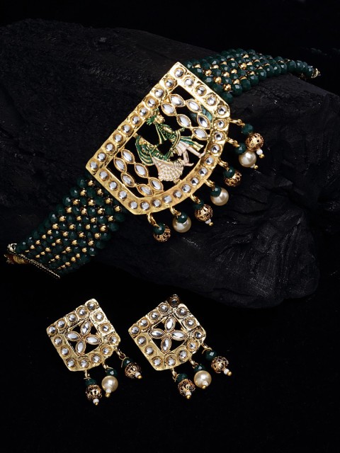 

PANASH Gold-Plated & Green Beaded Wedding Choker Jewellery Set