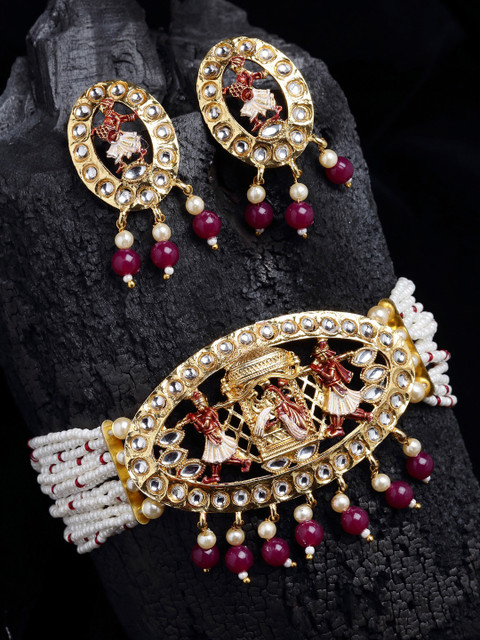 

PANASH Gold-Plated & White Stone-Studded & Pearl-Beaded Handcrafted Jewellery Set