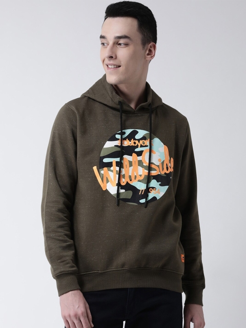 

Club York Men Olive Green Printed Hooded Sweatshirt